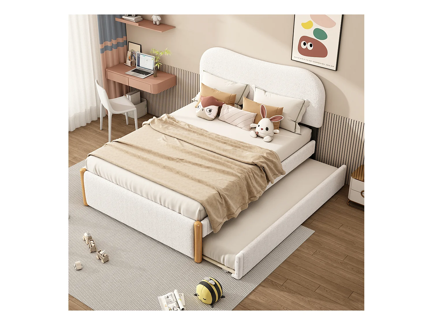 Lit enfant 140x200 cm, peluche blanche, avec lit gigogne et sommier à lattes, sans matelas