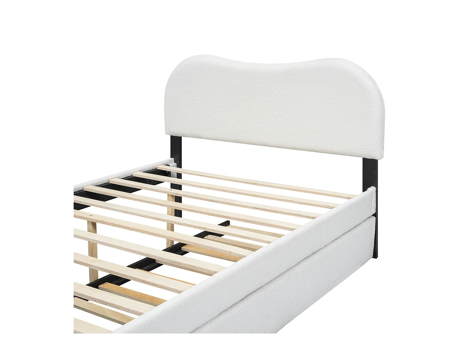 Lit enfant 140x200 cm, peluche blanche, avec lit gigogne et sommier à lattes, sans matelas