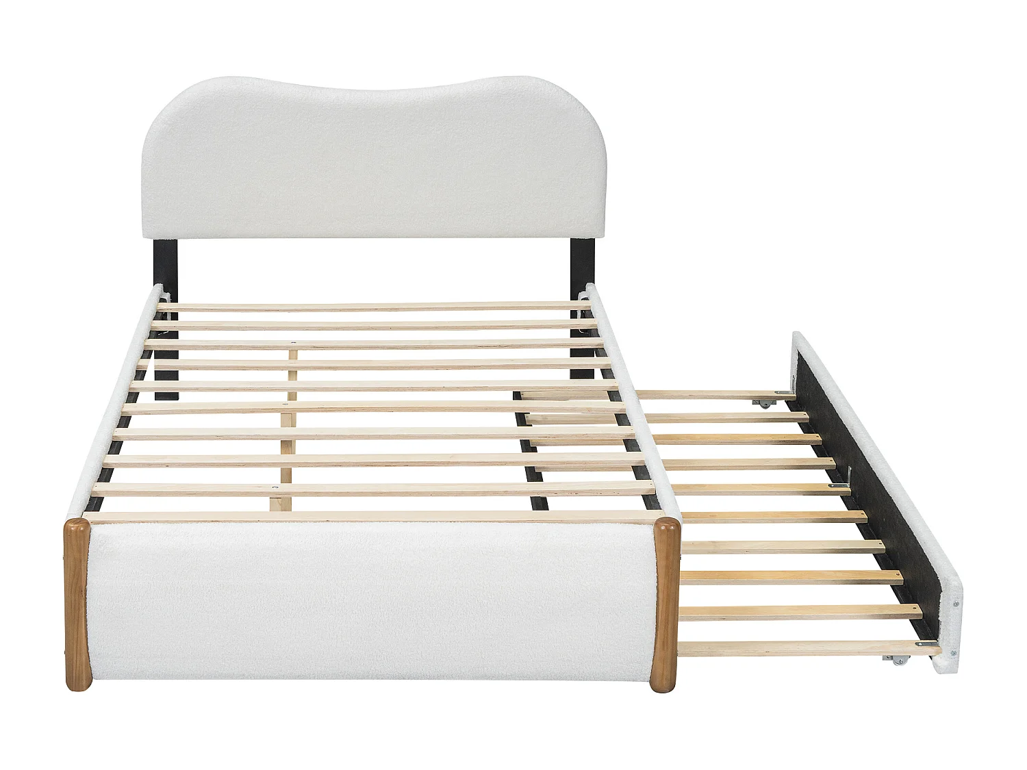 Lit enfant 140x200 cm, peluche blanche, avec lit gigogne et sommier à lattes, sans matelas