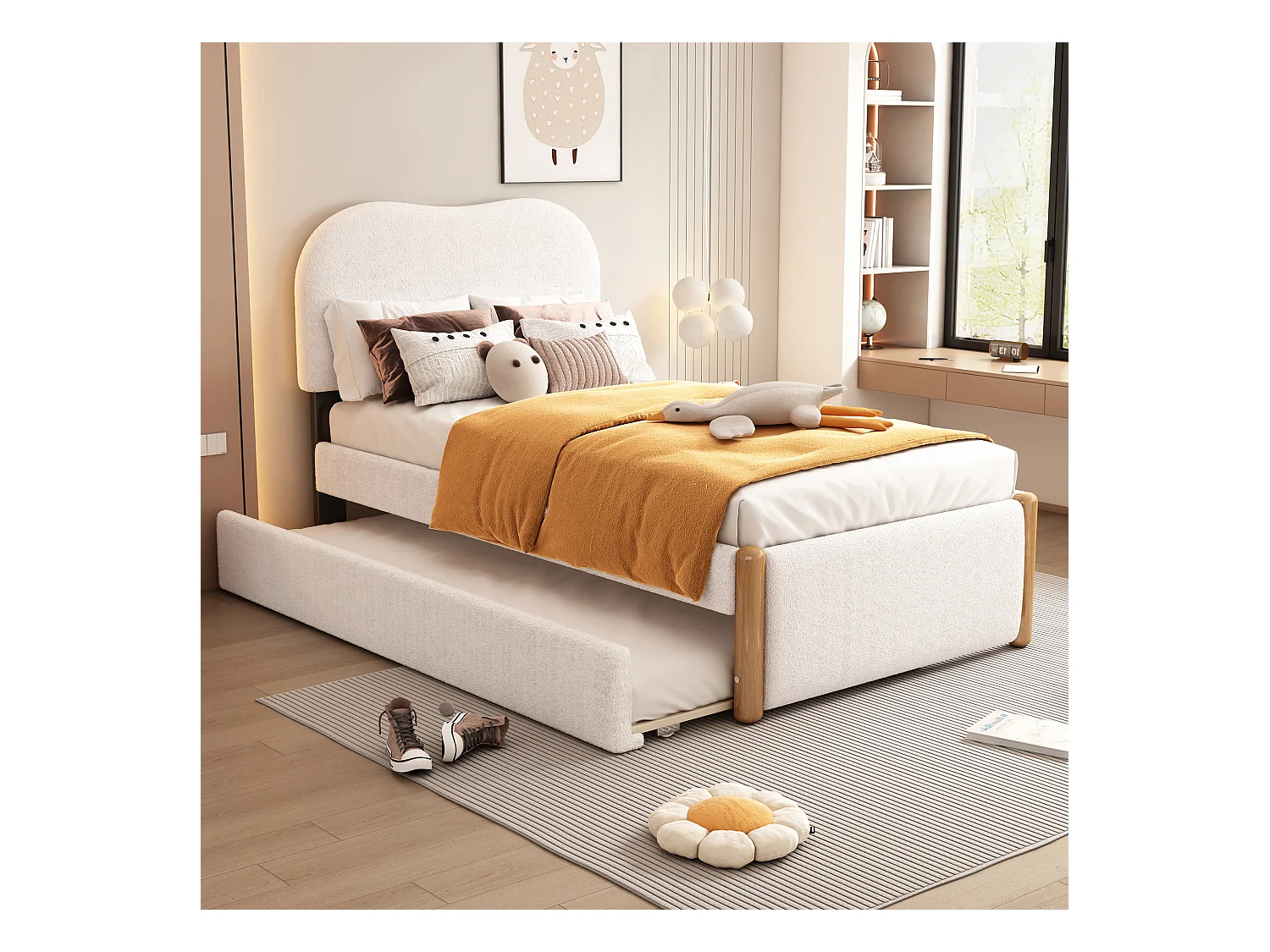 Lit enfant 90x200 cm, peluche blanche, avec lit gigogne et sommier à lattes, sans matelas