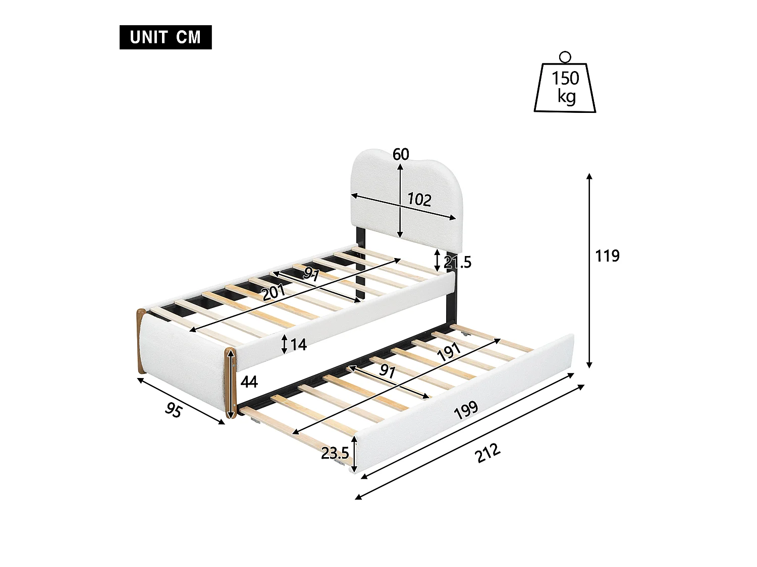 Lit enfant 90x200 cm, peluche blanche, avec lit gigogne et sommier à lattes, sans matelas