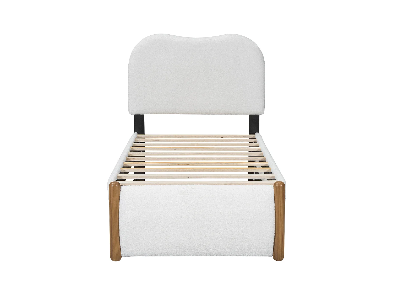 Lit enfant 90x200 cm, peluche blanche, avec lit gigogne et sommier à lattes, sans matelas