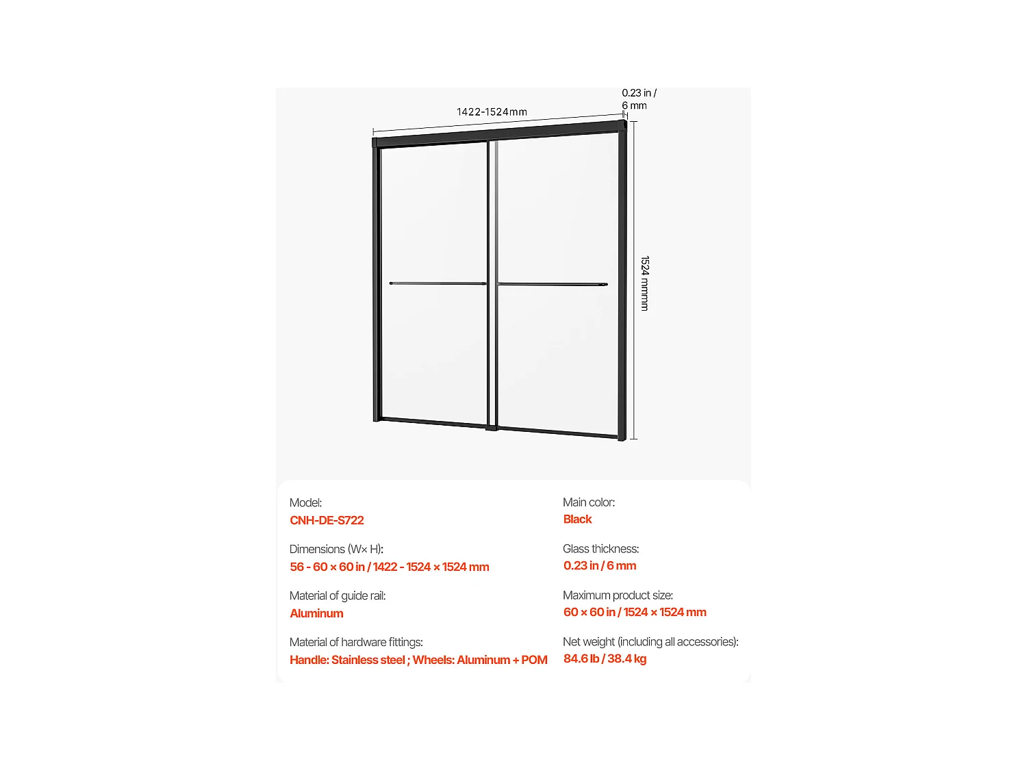 Porte de Douche SucceBuy, Baignoire Semi-sans Cadre,  127-152 cm L x 152 cm H, Noir pour Salle de Bain