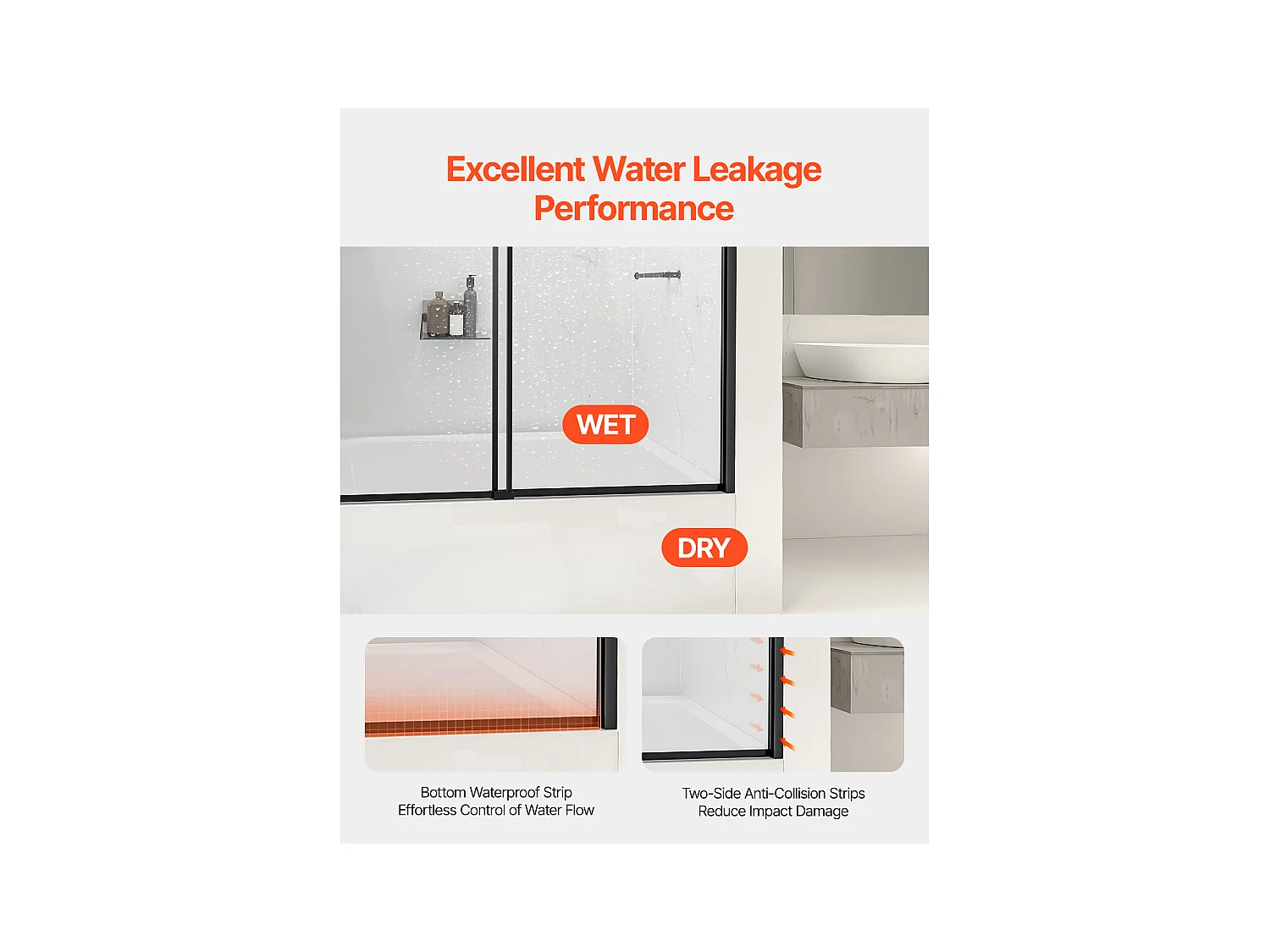 Porte de Douche SucceBuy, Baignoire Semi-sans Cadre,  127-152 cm L x 152 cm H, Noir pour Salle de Bain