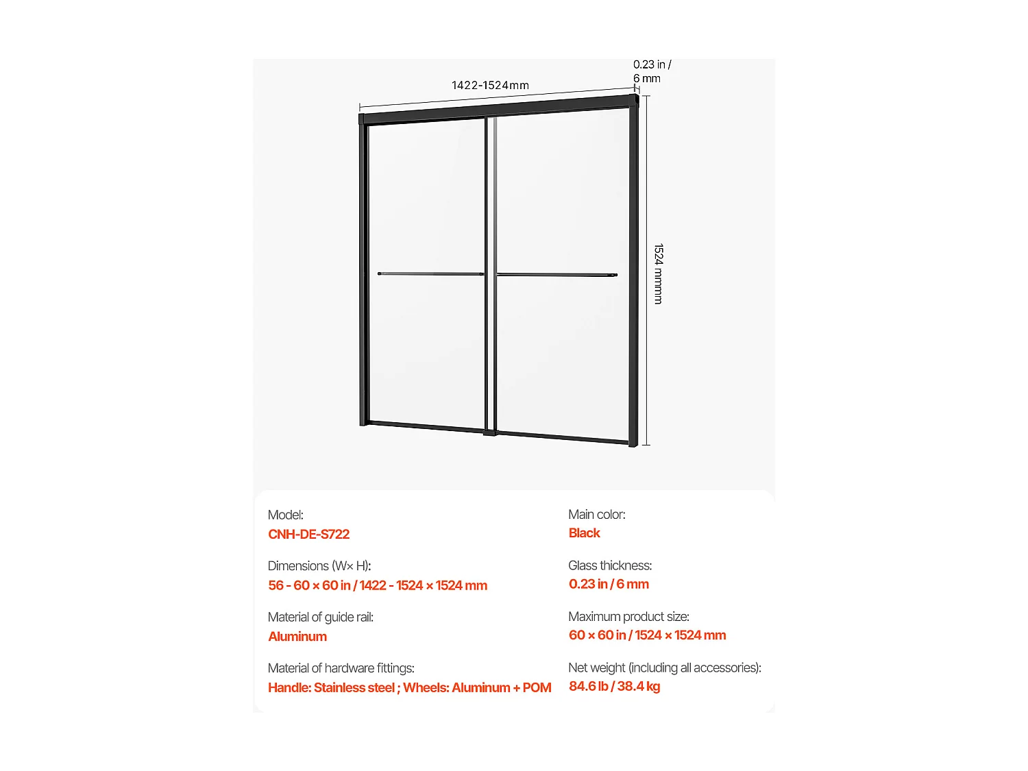 Porte de Douche SucceBuy, Baignoire Semi-sans Cadre,  127-152 cm L x 152 cm H, Noir pour Salle de Bain