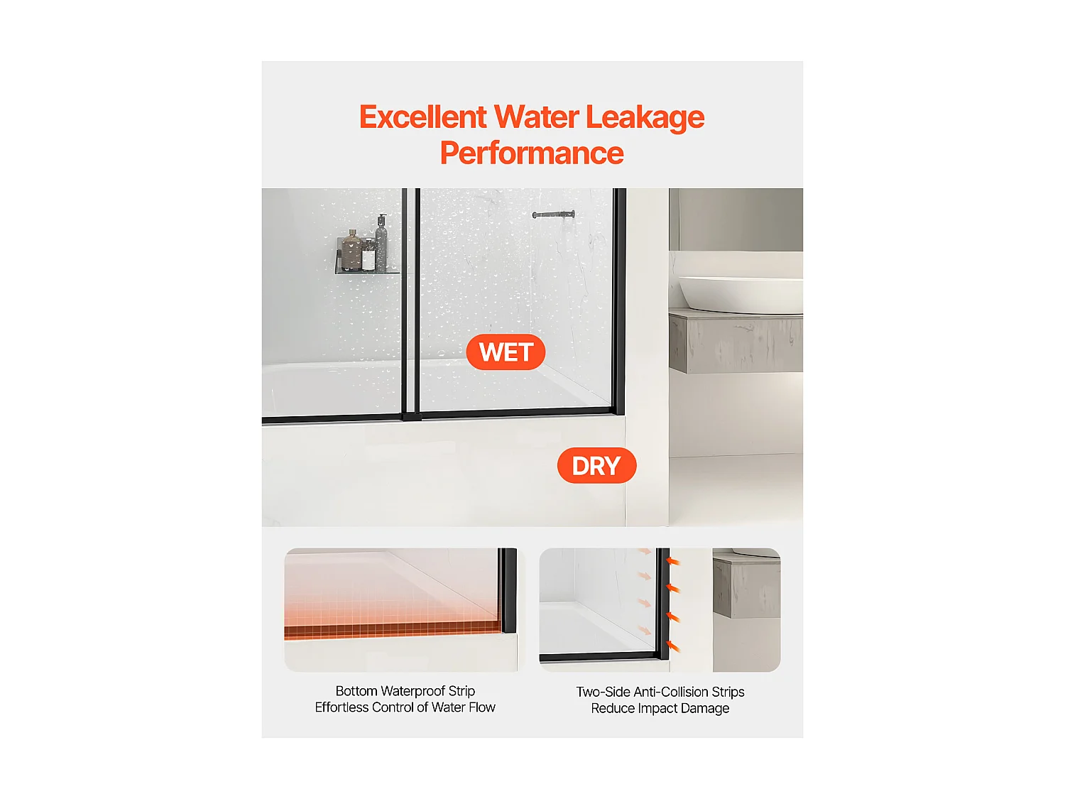 Porte de Douche SucceBuy, Baignoire Semi-sans Cadre,  127-152 cm L x 152 cm H, Noir pour Salle de Bain