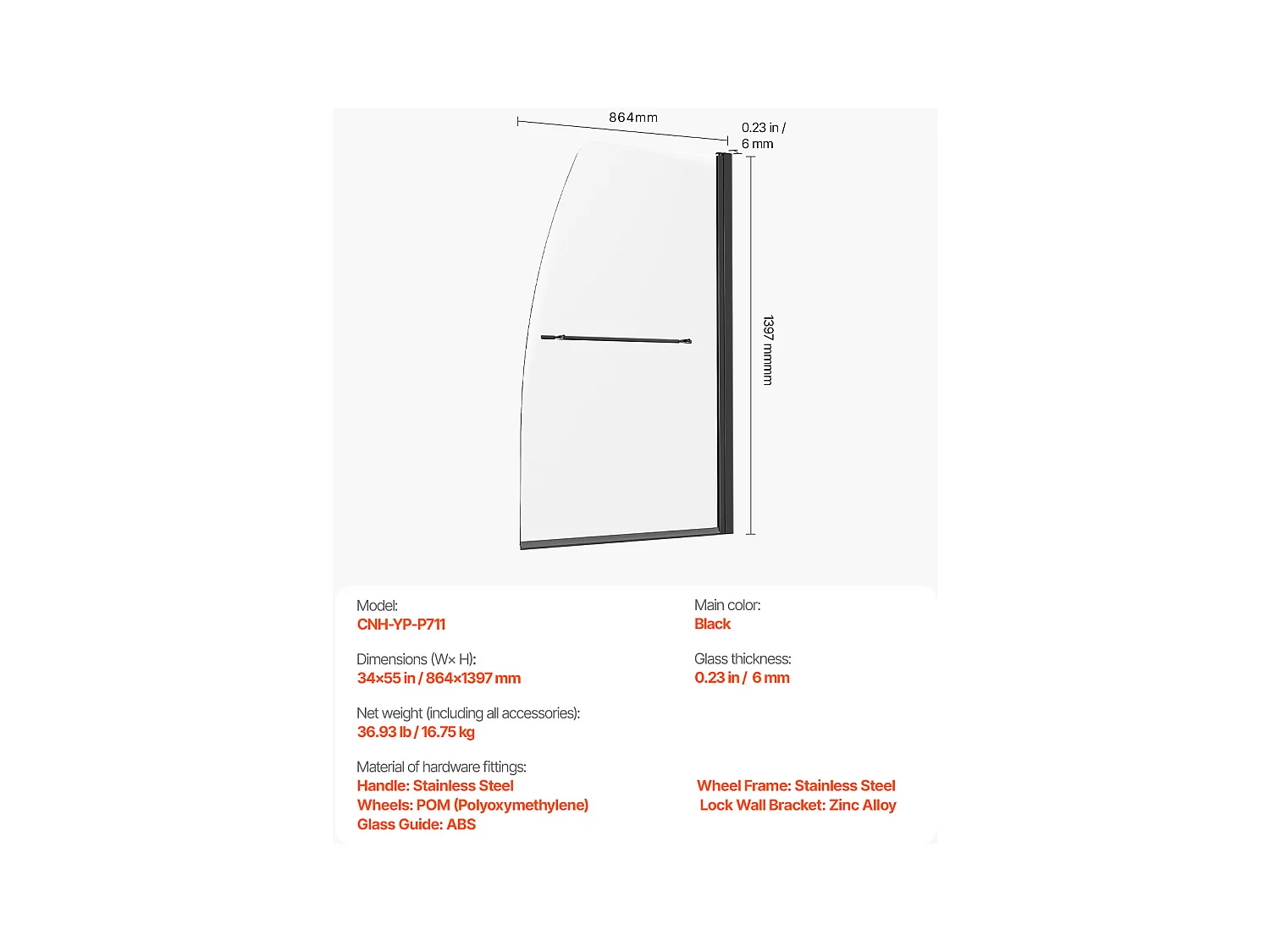 Dusch Tür SucceBuy, Ohne Rahmen, 86 cm B x 140 cm H, 180° schwenkbar, aus Schwarzglas fürs Badezimmer