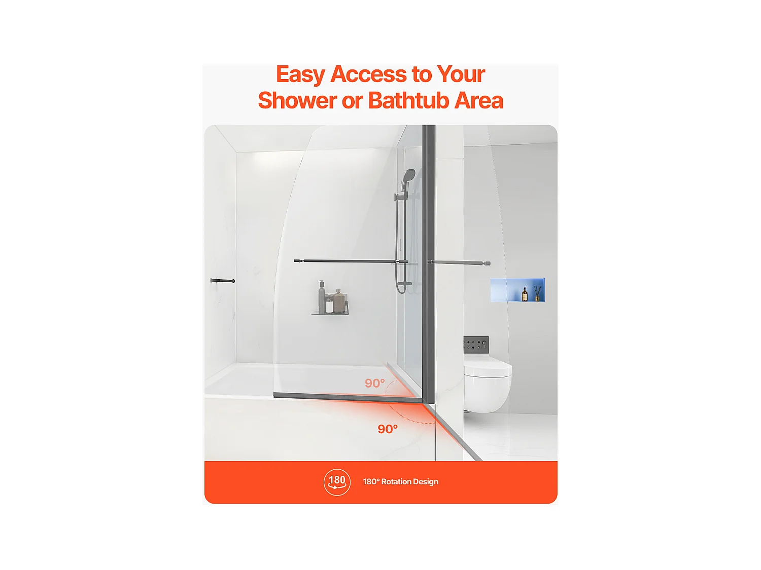 Dusch Tür SucceBuy, Ohne Rahmen, 86 cm B x 140 cm H, 180° schwenkbar, aus Schwarzglas fürs Badezimmer