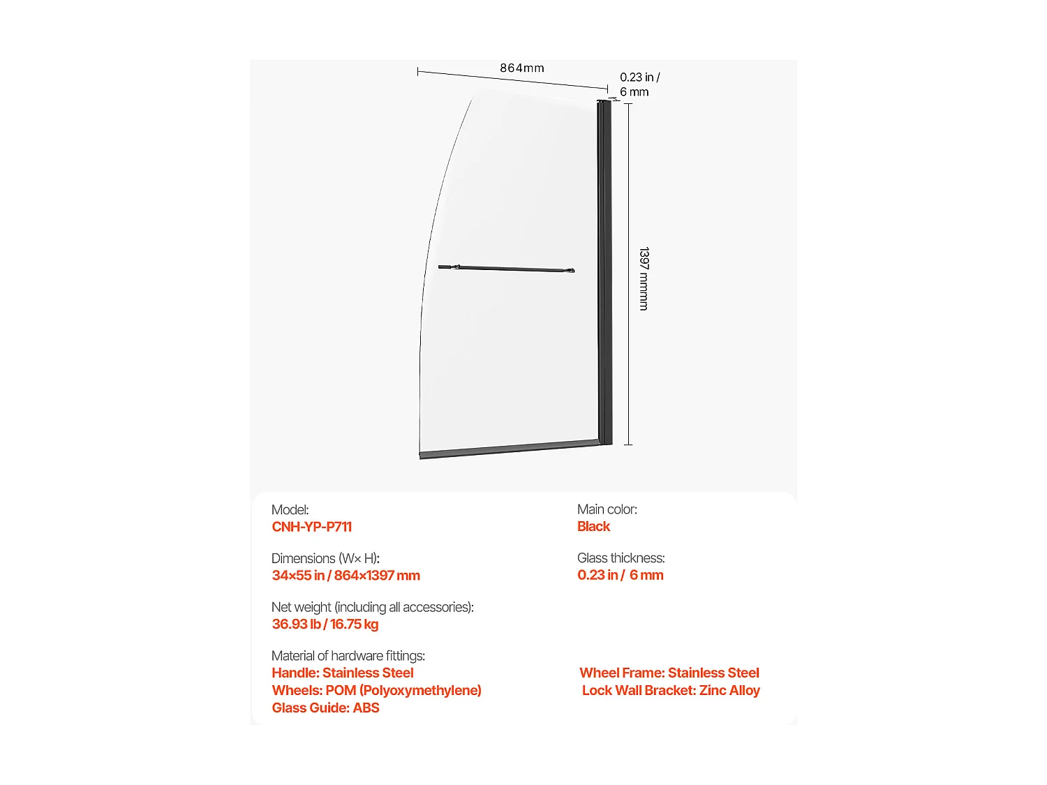 Porte de Douche SucceBuy, Sans Cadre,  86 cm L x 140 cm H, Pivotante à 180°, en Verre Noir pour Salle de Bain