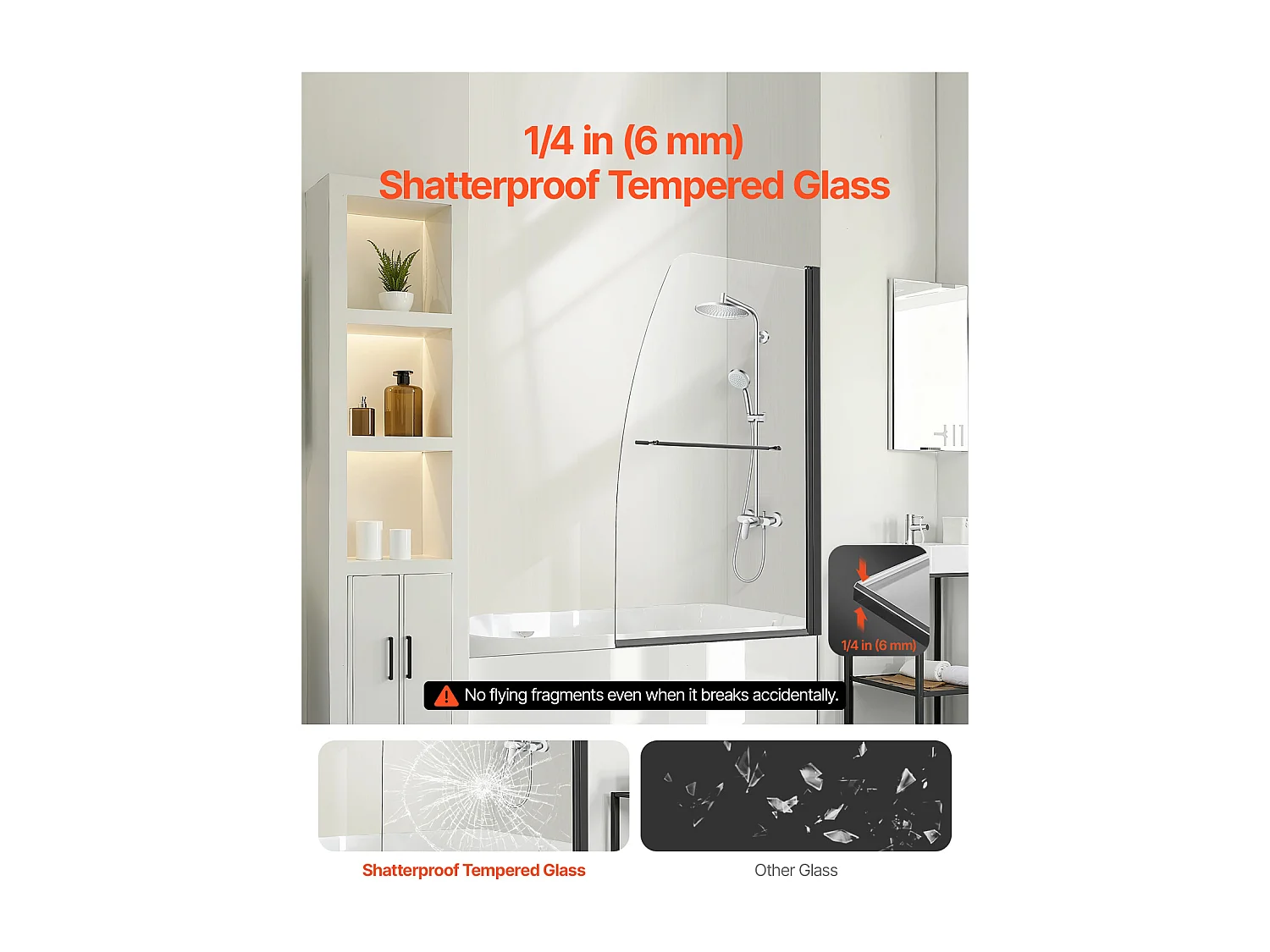 Porte de Douche SucceBuy, Sans Cadre,  86 cm L x 140 cm H, Pivotante à 180°, en Verre Noir pour Salle de Bain