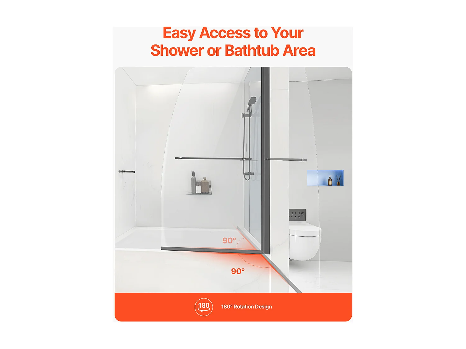 Porte de Douche SucceBuy, Sans Cadre,  86 cm L x 140 cm H, Pivotante à 180°, en Verre Noir pour Salle de Bain