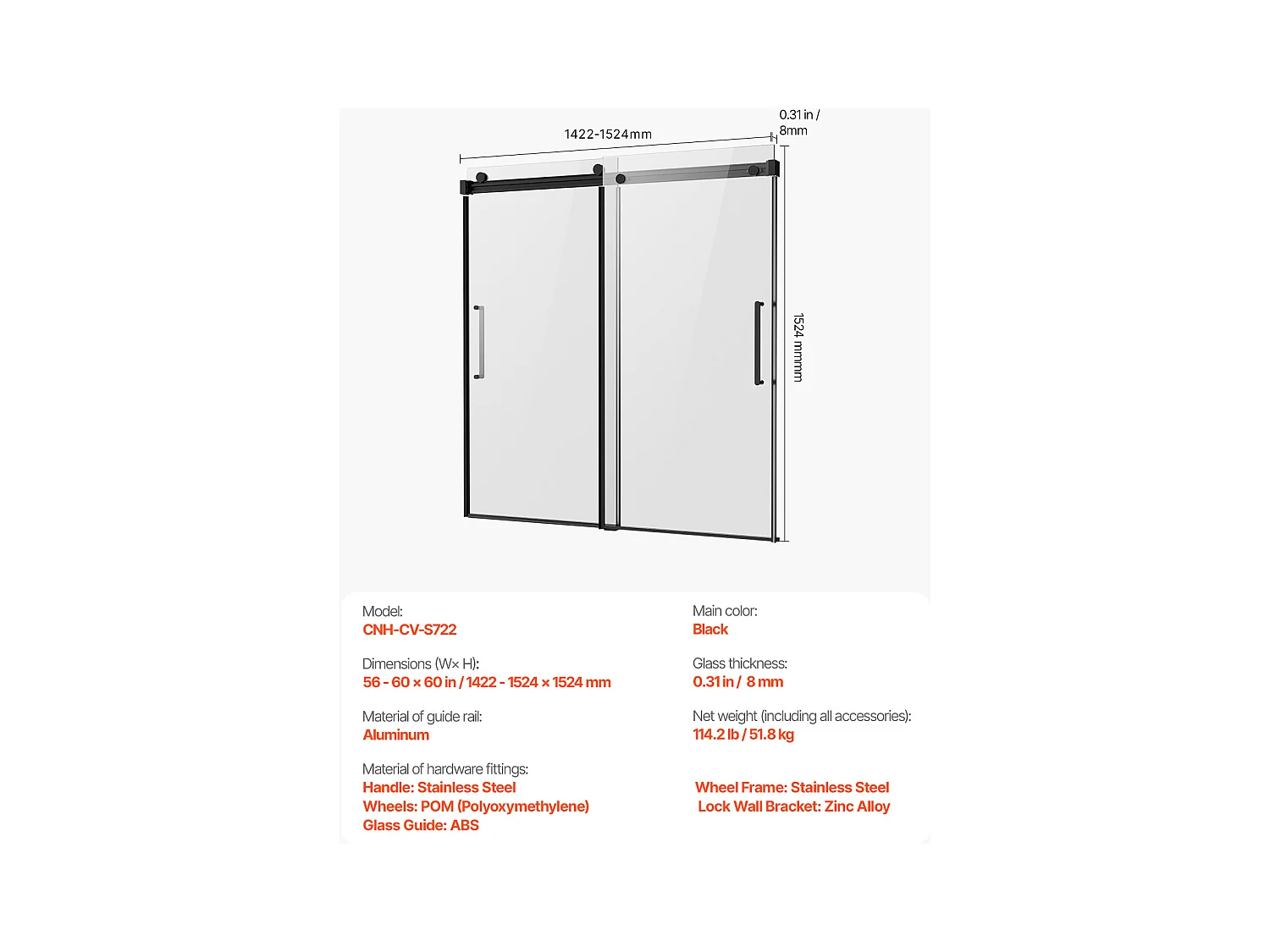 Porte de Baignoire SucceBuy, Coulissante Sans Cadre,  142 à 152 cm L x 152 cm H, en Verre pour Salle de Bain