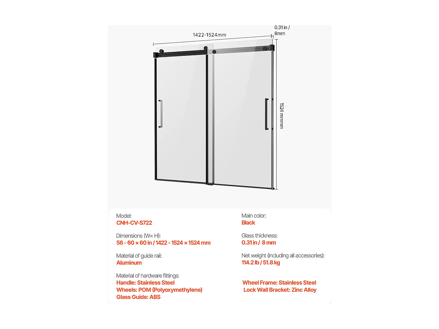 Porte de Baignoire SucceBuy, Coulissante Sans Cadre,  142 à 152 cm L x 152 cm H, en Verre pour Salle de Bain