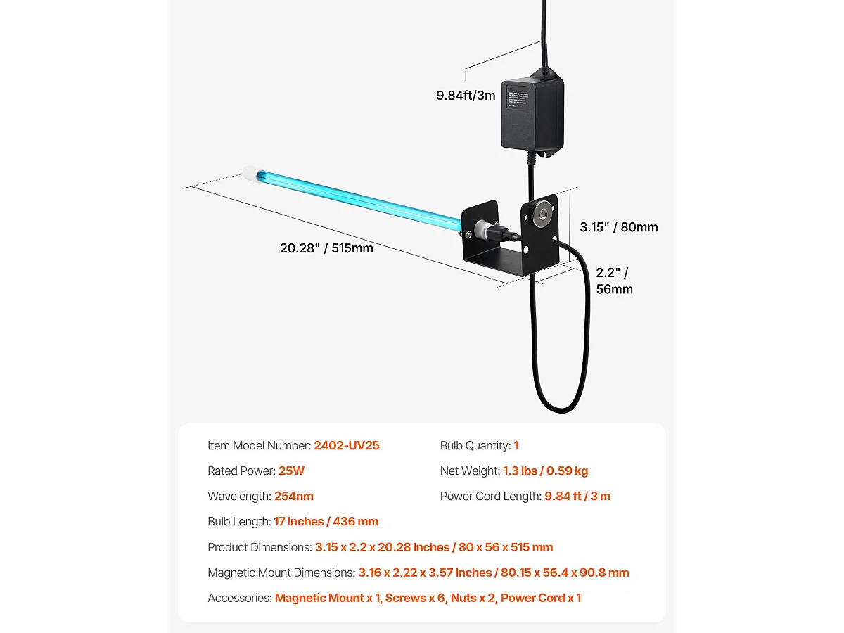 Purificateur D'air SucceBuy HVAC,  avec Lumière UV 25 W 43 cm et Aimant, pour Conduit de Climatisation