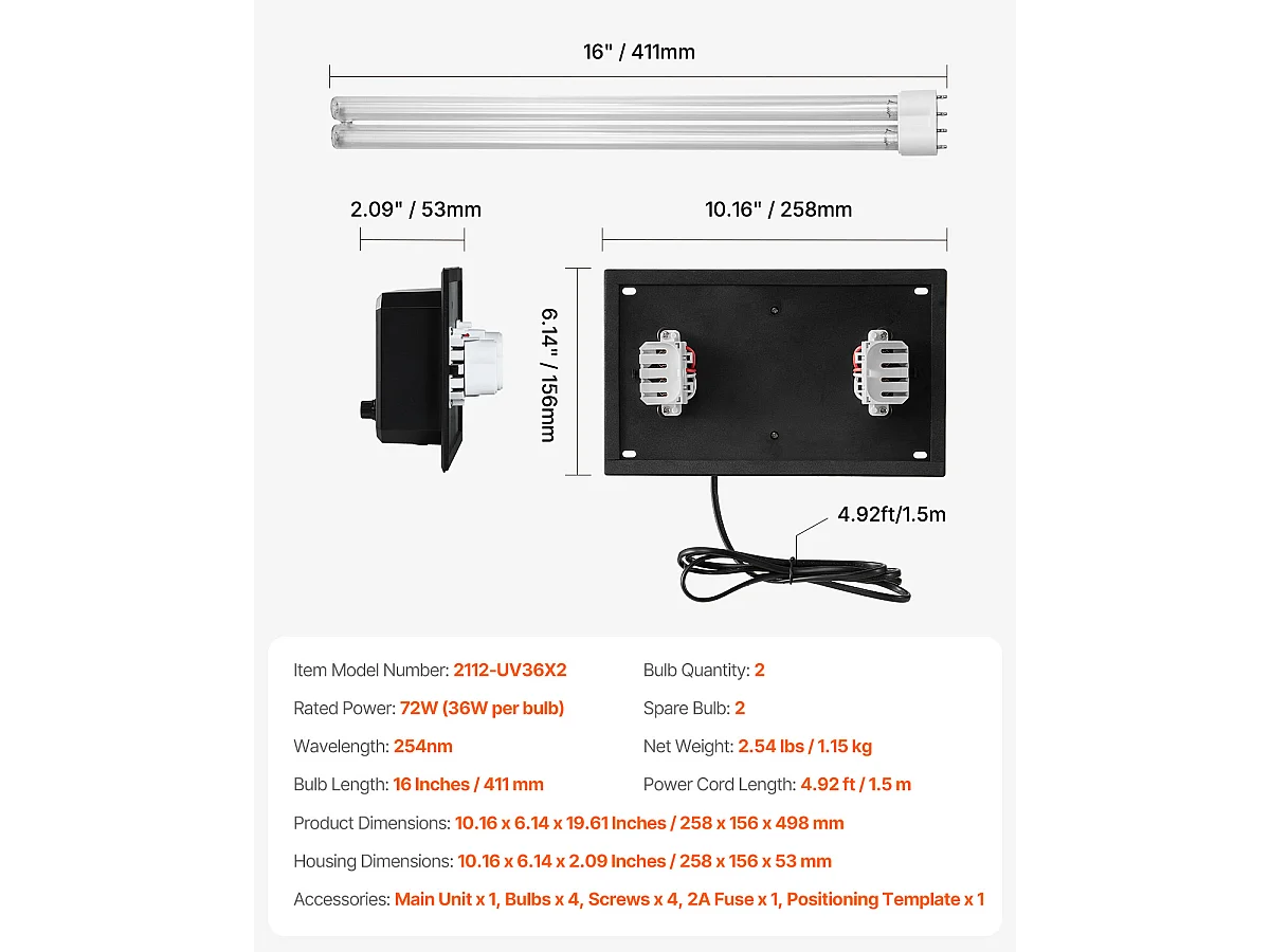 Purificateur D'air SucceBuy HVAC, Lumière UV 72 W 41 cm pour Toute la Maison dans le Conduit pour AC