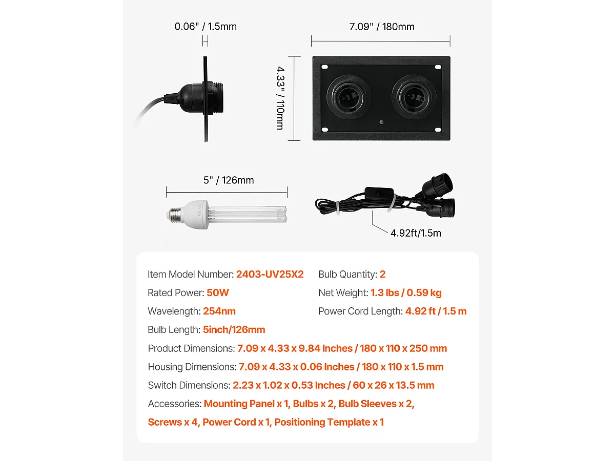 Purificateur D'air SucceBuy HVAC, Lumière UV 50 W 13 cm pour Systèmes de Climatisation, Toute la Maison