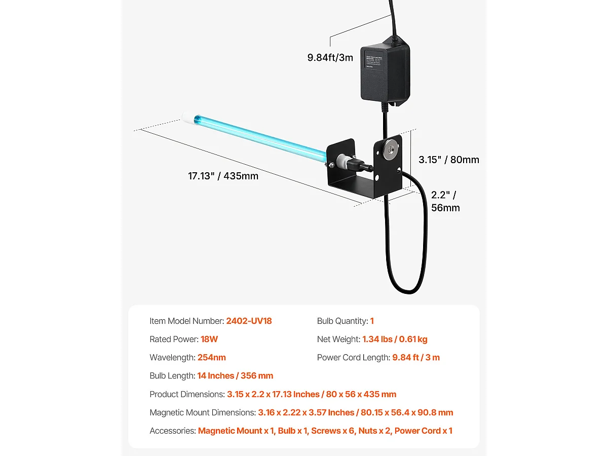 Purificateur D'air SucceBuy HVAC, Nettoyeur de Bobine à Lumière UV 18 W 35 cm, avec Aimant pour Conduits