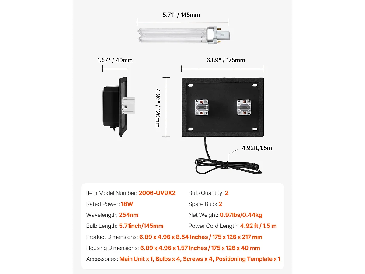 Purificateur D'air SucceBuy HVAC, pour Toute la Maison avec Lumière UV 18 W 18 cm pour Conduit de Climatisation