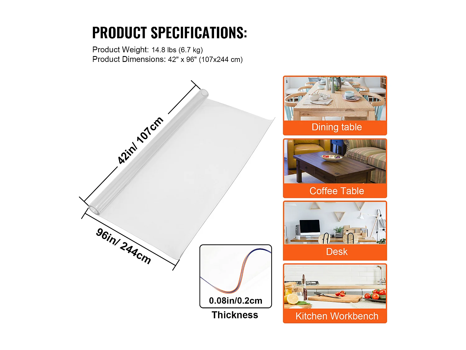 Nappe Transparente SucceBuy Tapis de Table en PVC Transparent 244 x 107 cm, Protecteur de Table Rectangulaire Épais