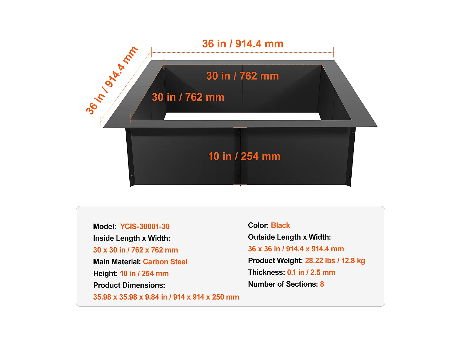 Anneau de Foyer Carré SucceBuy, avec Revêtement Extérieur en Acier 91 x 92 cm pour Foyer, Anneau de Feu de Camp