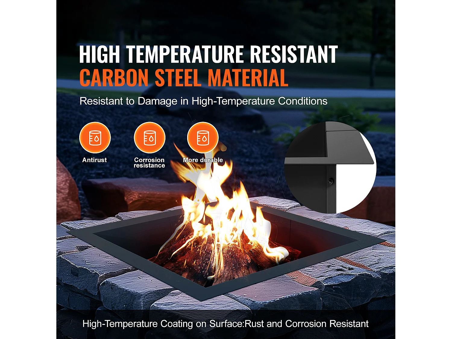 Anneau de Foyer Carré SucceBuy, avec Revêtement Extérieur en Acier 91 x 92 cm pour Foyer, Anneau de Feu de Camp
