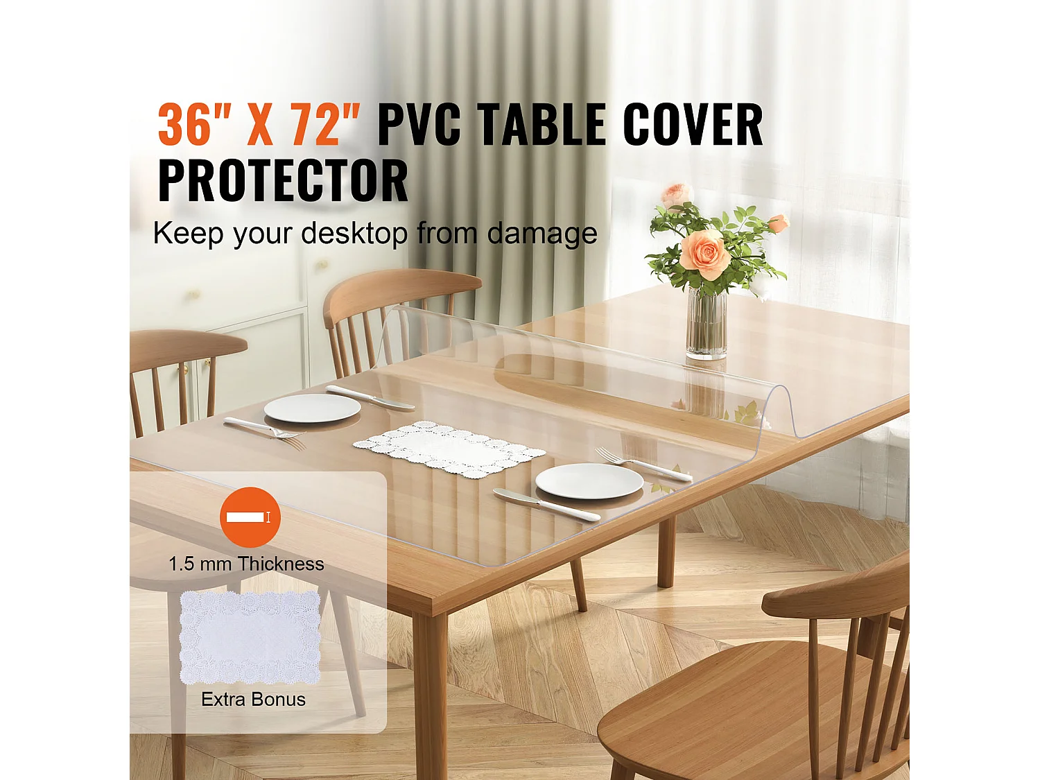 Nappe Transparente SucceBuy Protecteur de Table en PVC 91 x 183 cm, Couverture en Plastique Transparent de 1,5 mm d’Épaisseur
