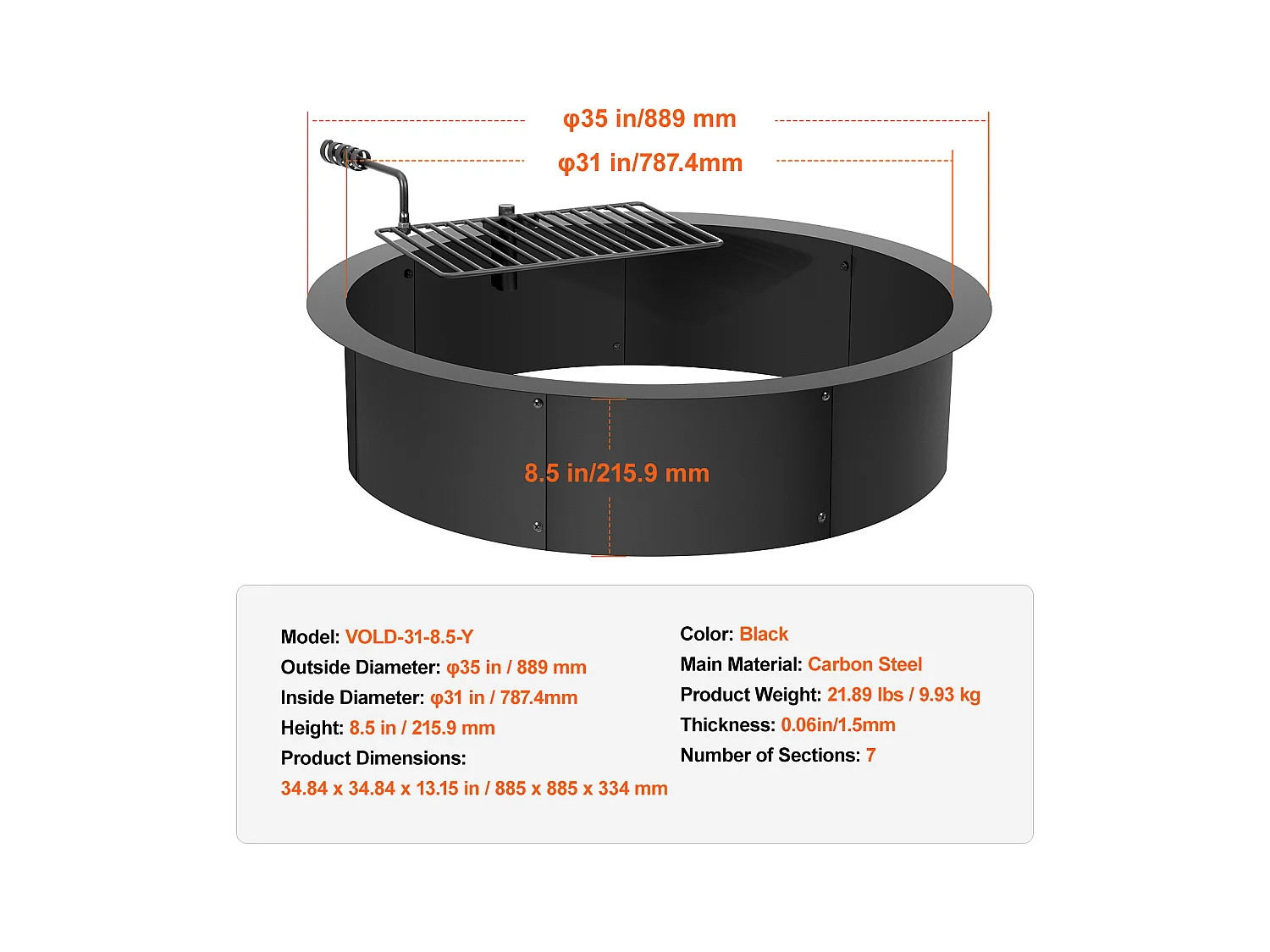 Anneau de Foyer SucceBuy avec Anneau, avec Revêtement Extérieur en Acier 89 cm pour Barbecue