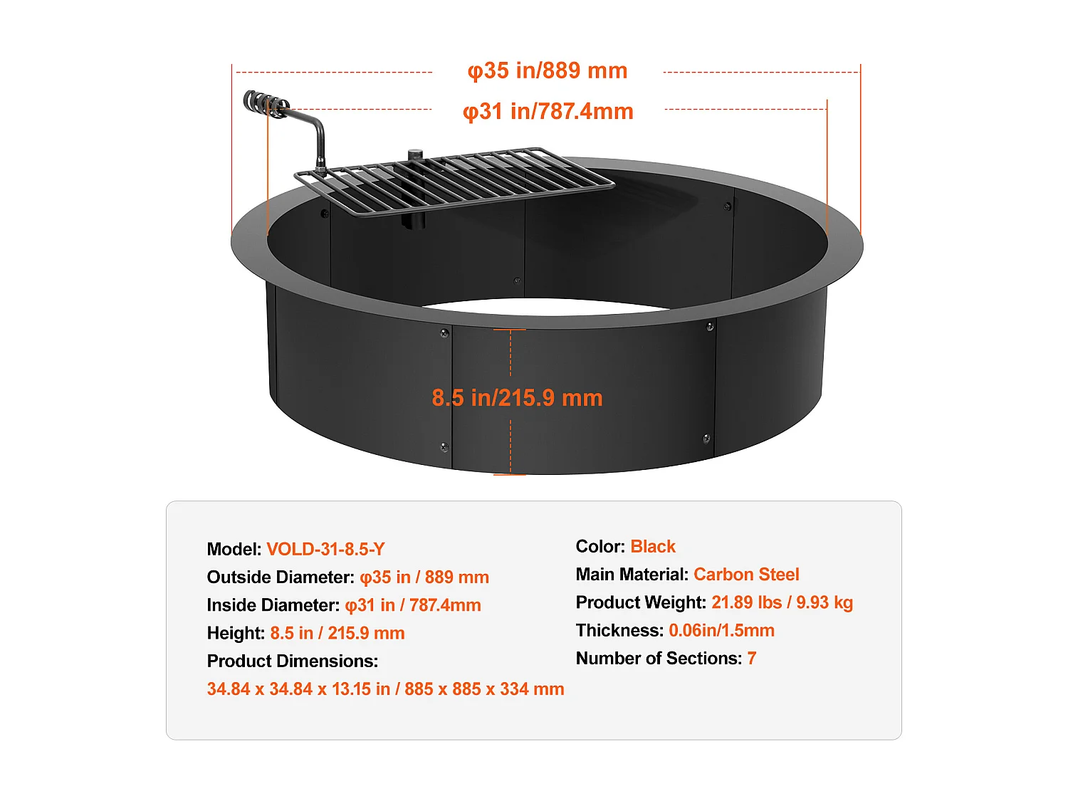 Anneau de Foyer SucceBuy avec Anneau, avec Revêtement Extérieur en Acier 89 cm pour Barbecue