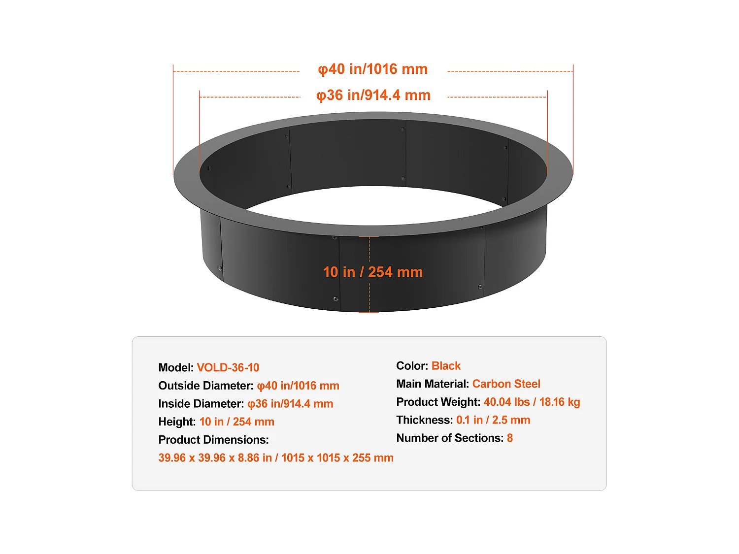 Anneau de Foyer Rond SucceBuy, avec Revêtement Extérieur en Acier de 101 cm, pour Foyer, Anneau de Feu de Camp