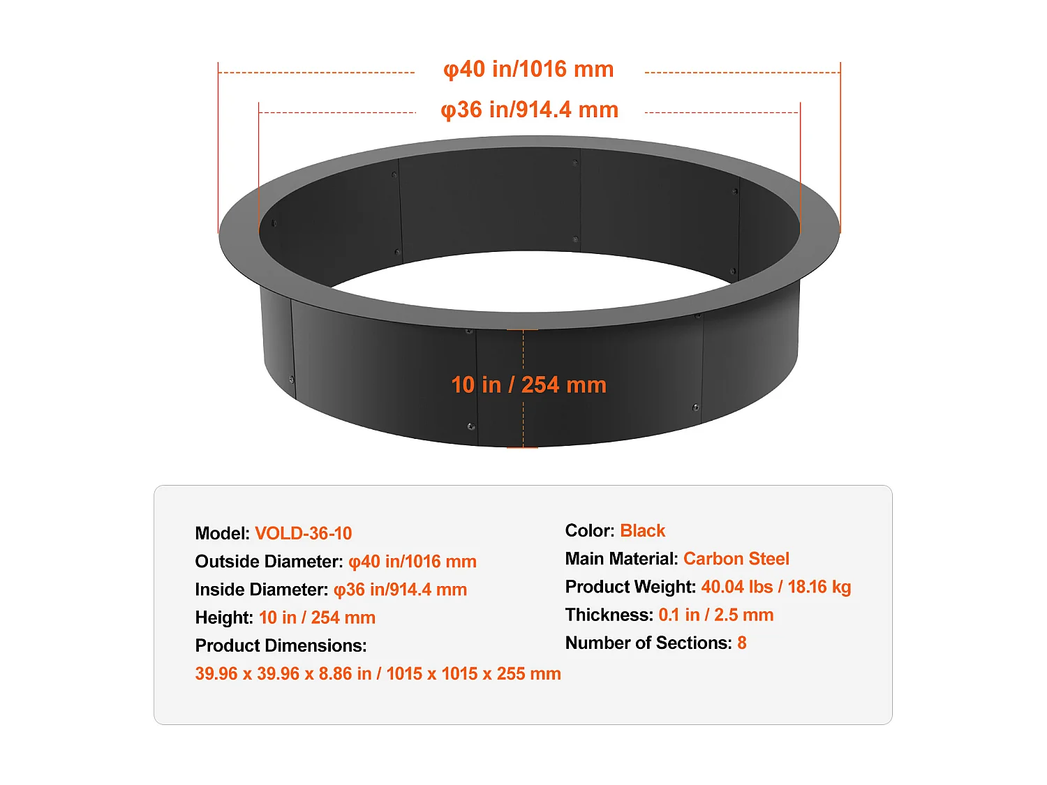 Anneau de Foyer Rond SucceBuy, avec Revêtement Extérieur en Acier de 101 cm, pour Foyer, Anneau de Feu de Camp