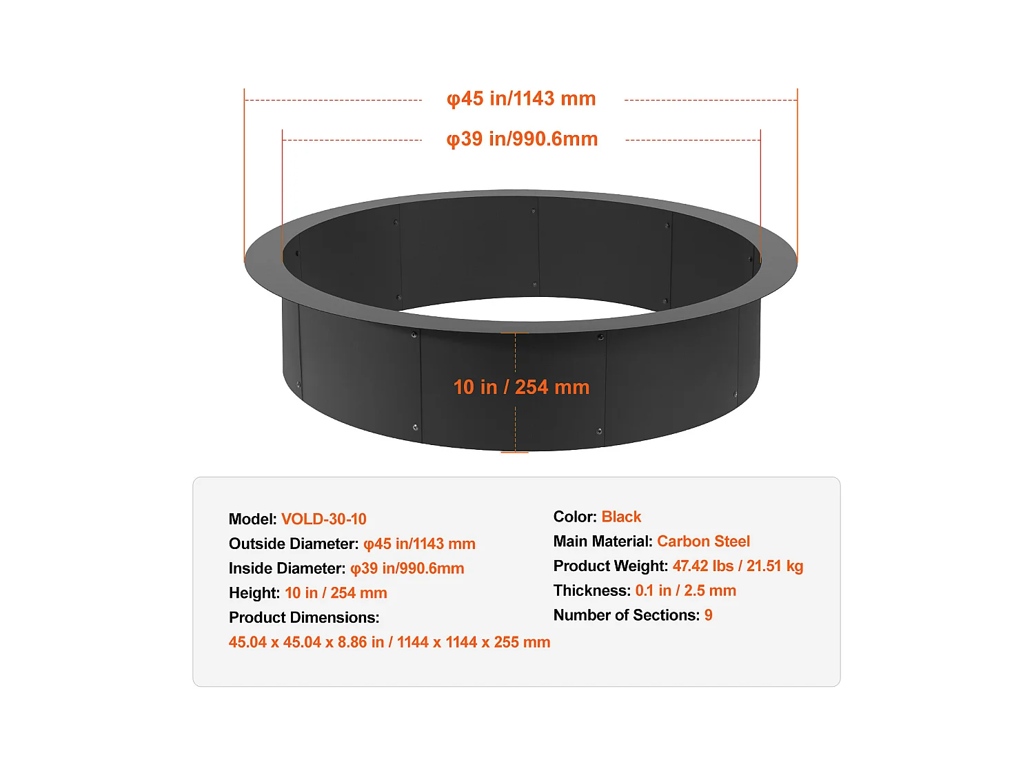 Anneau de Foyer Rond SucceBuy, avec Revêtement Extérieur en Acier de 111,8 cm, pour Foyer, Anneau de Feu de Camp