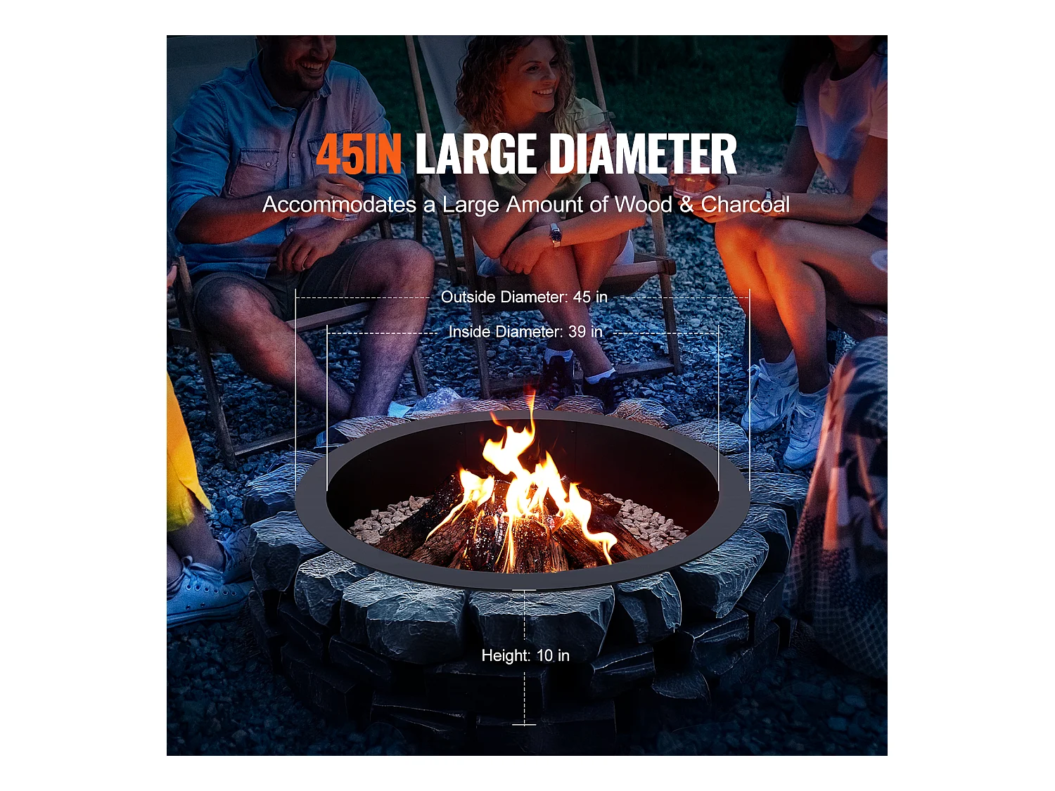 Anneau de Foyer Rond SucceBuy, avec Revêtement Extérieur en Acier de 111,8 cm, pour Foyer, Anneau de Feu de Camp