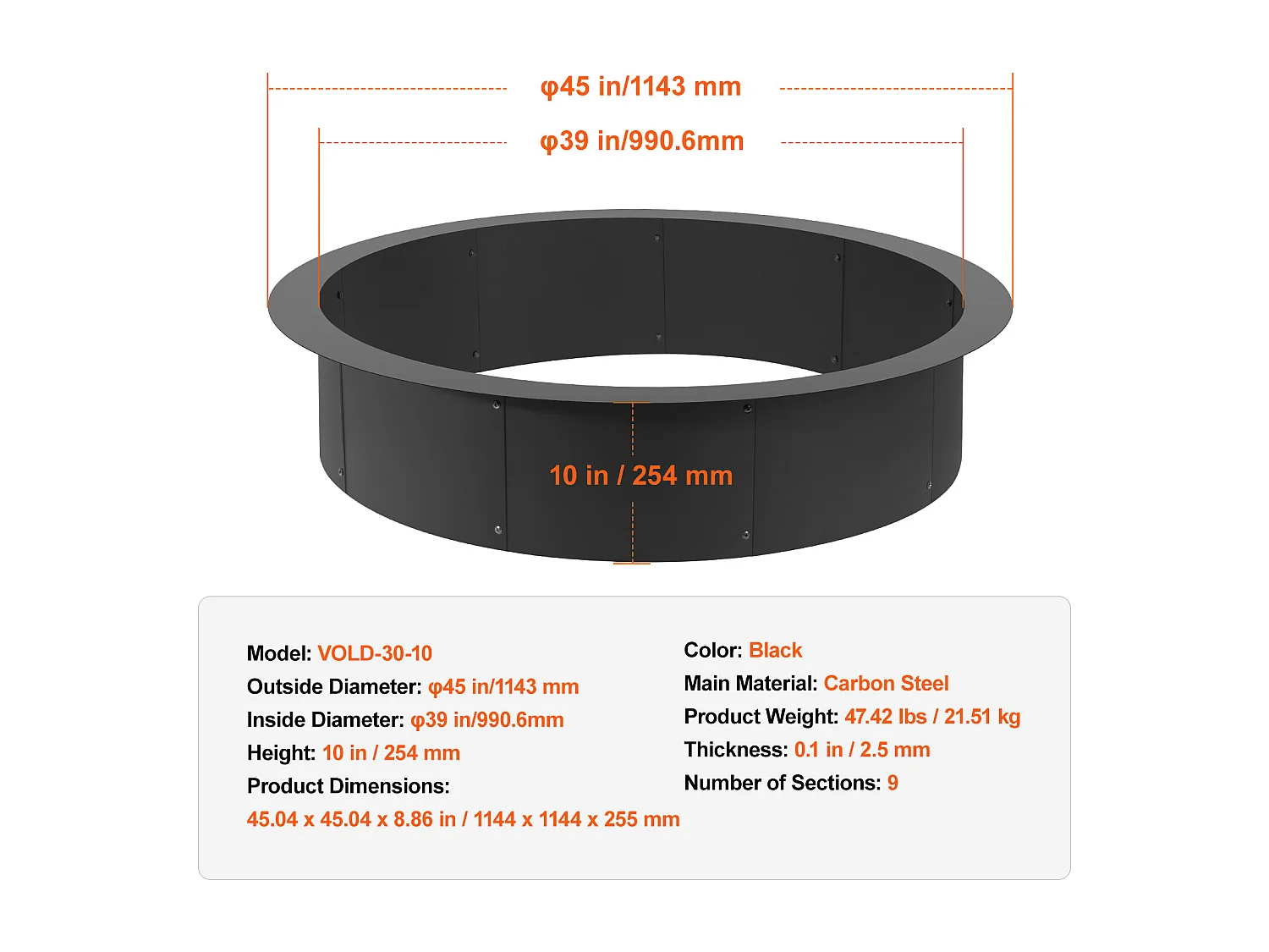 Anneau de Foyer Rond SucceBuy, avec Revêtement Extérieur en Acier de 111,8 cm, pour Foyer, Anneau de Feu de Camp