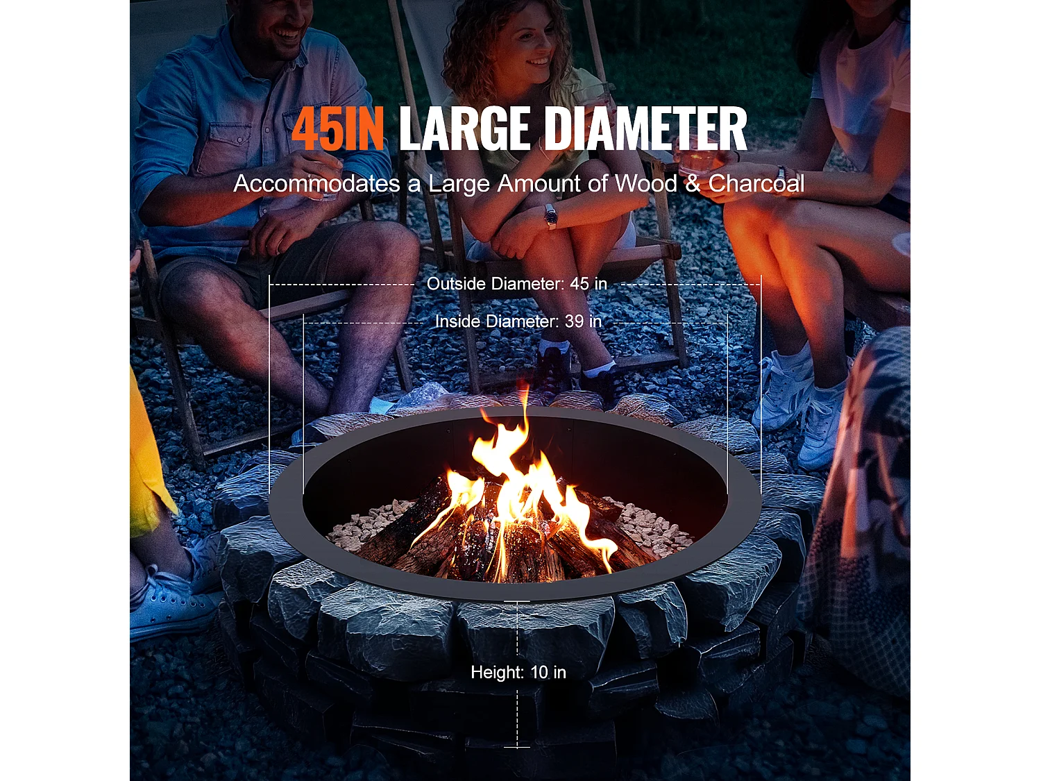 Anneau de Foyer Rond SucceBuy, avec Revêtement Extérieur en Acier de 111,8 cm, pour Foyer, Anneau de Feu de Camp