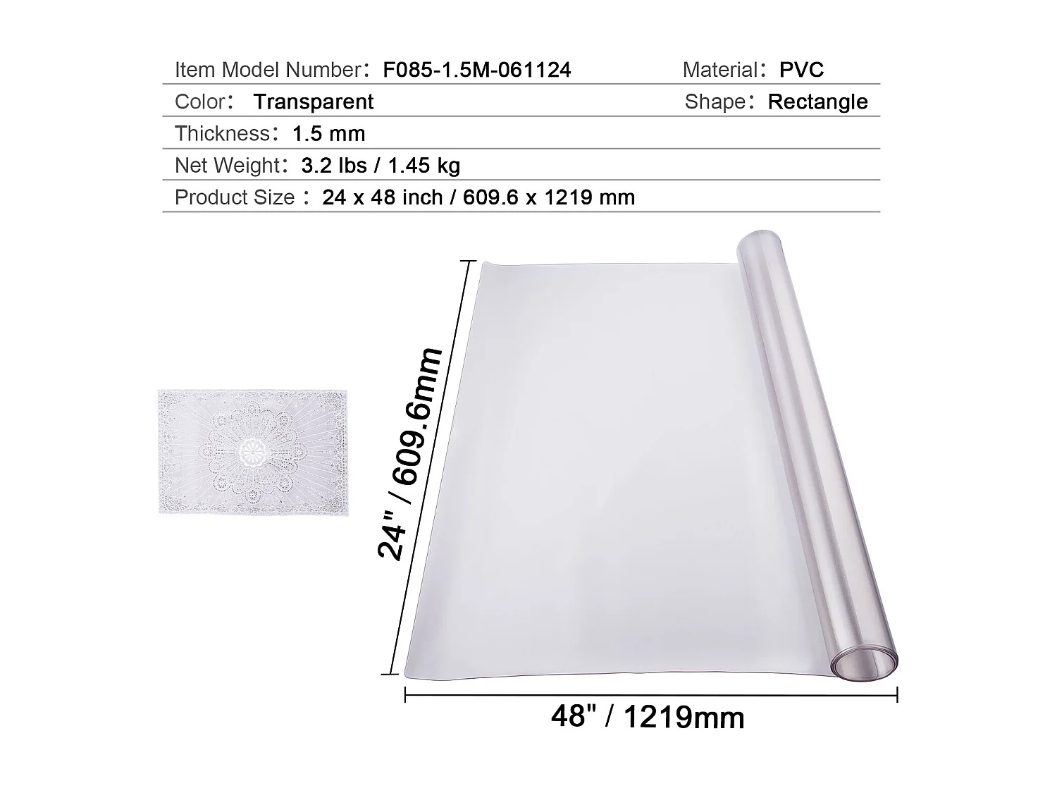 Tovaglia Trasparente SucceBuy Tovaglia in PVC, 61 x 122 cm, Sottomano in Plastica Satinata, Spessore 1,5 mm