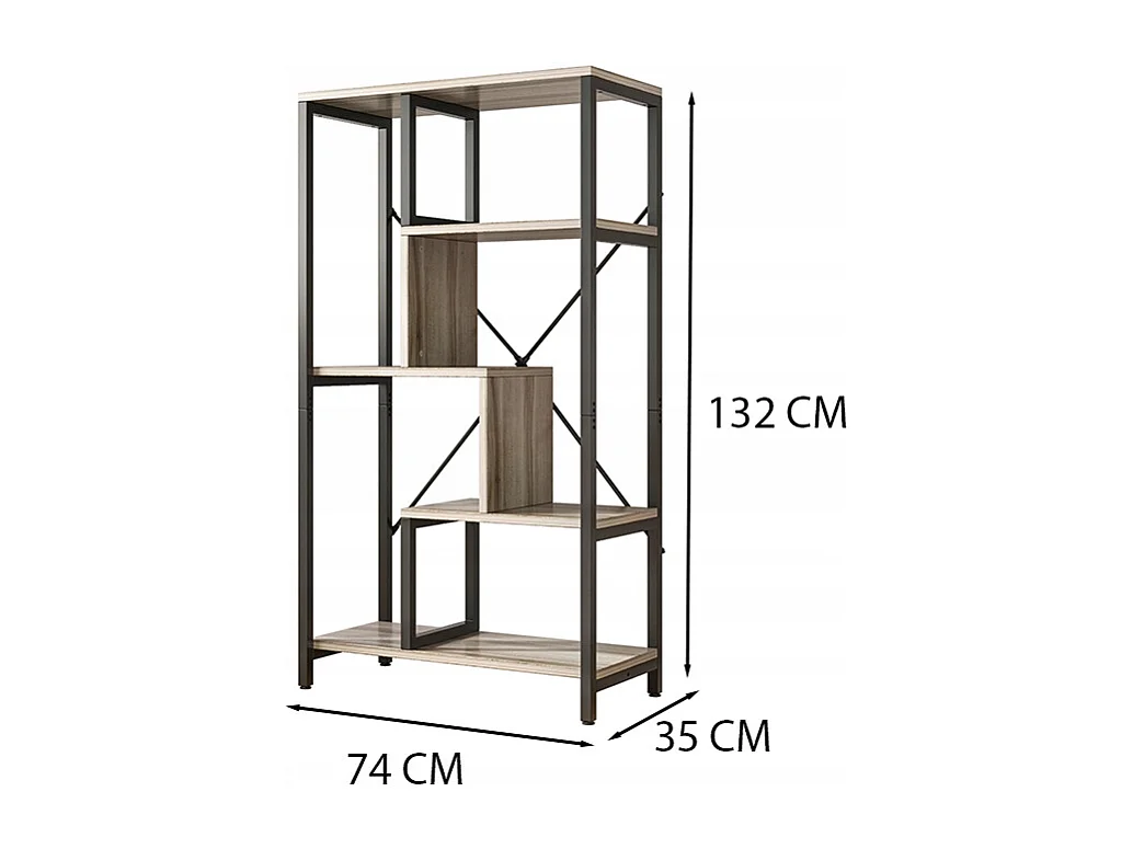 Regał na książki, styl industrialny, 8 półek, metalowa rama, 132 cm