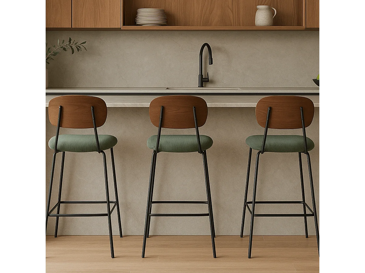 Lot de 2 tabourets de bar en velours côtelé vert kaki - Dany