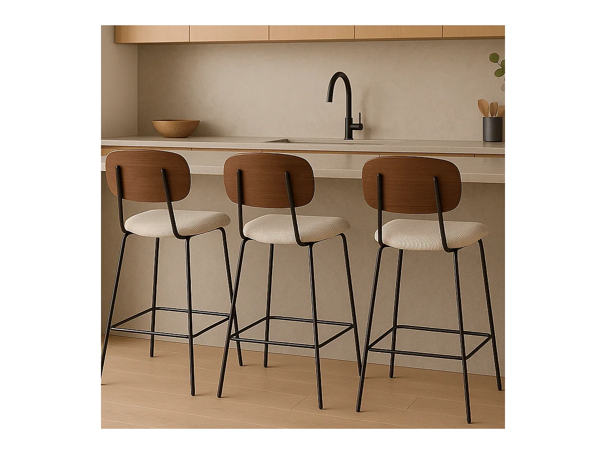Lot de 2 tabourets de bar en velours côtelé beige - Dany
