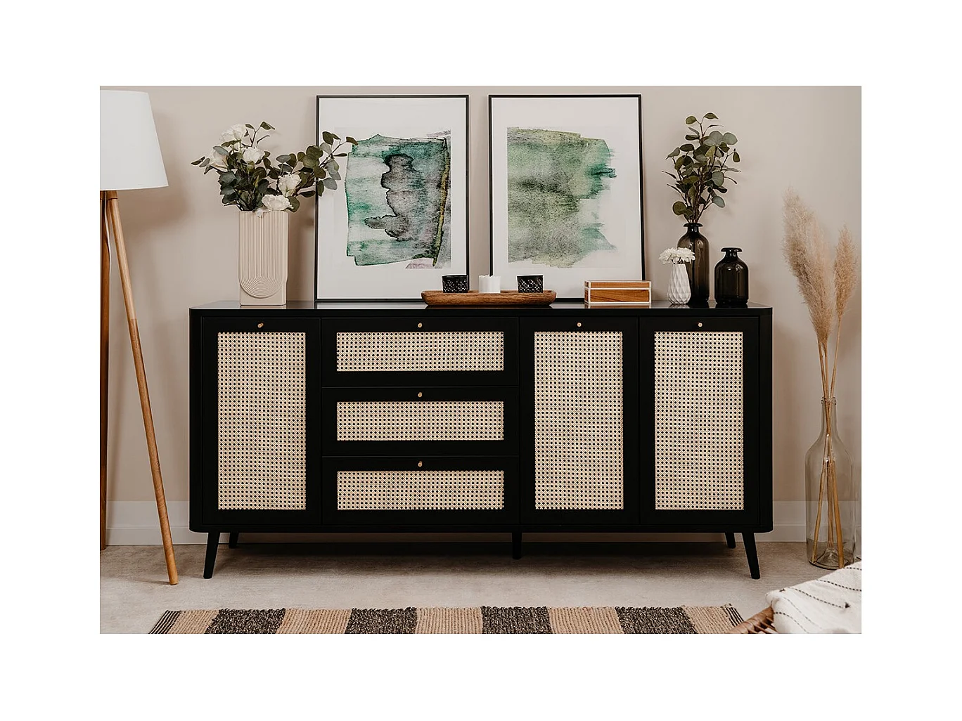 Madia 3 cassetti e 3 ante effetto rafia KUTA51A colore nero