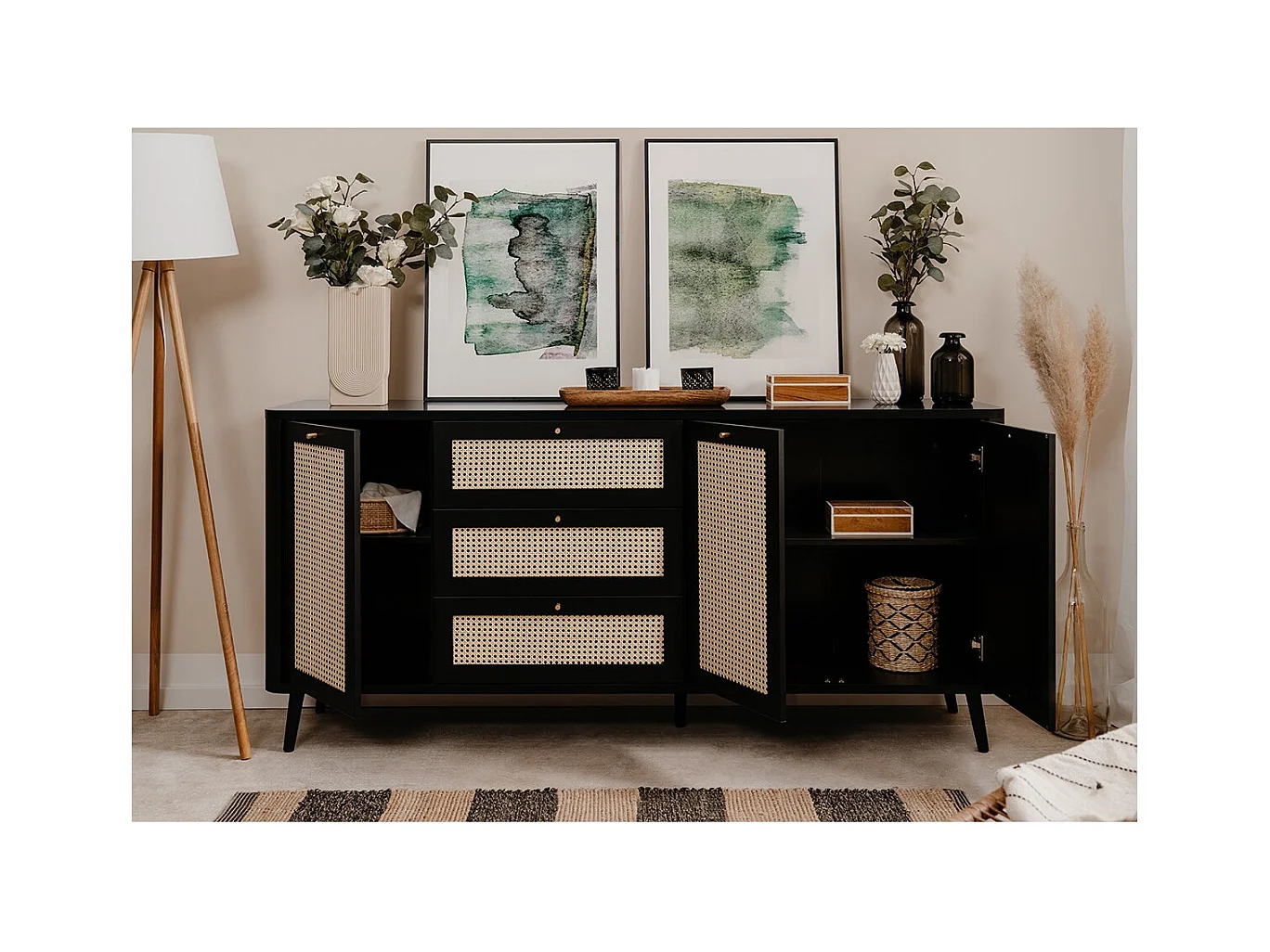 Madia 3 cassetti e 3 ante effetto rafia KUTA51A colore nero