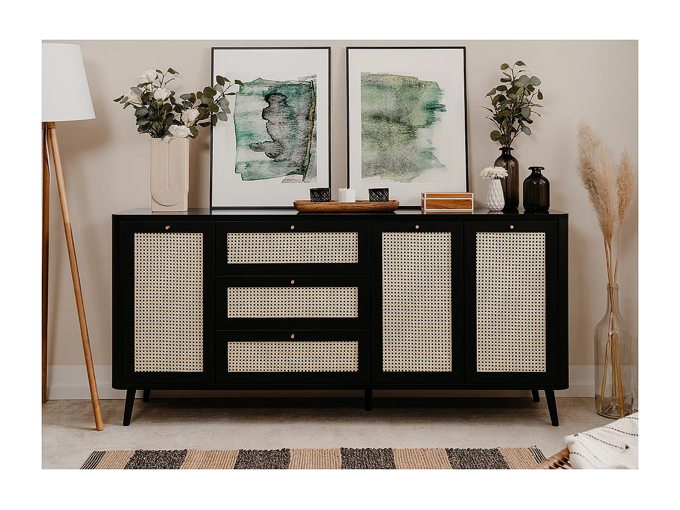 Madia 3 cassetti e 3 ante effetto rafia KUTA51A colore nero