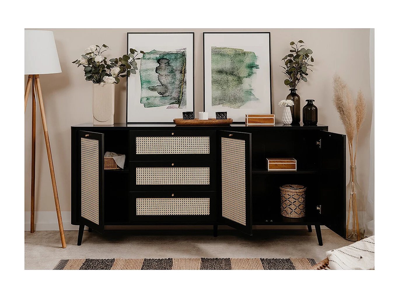 Madia 3 cassetti e 3 ante effetto rafia KUTA51A colore nero