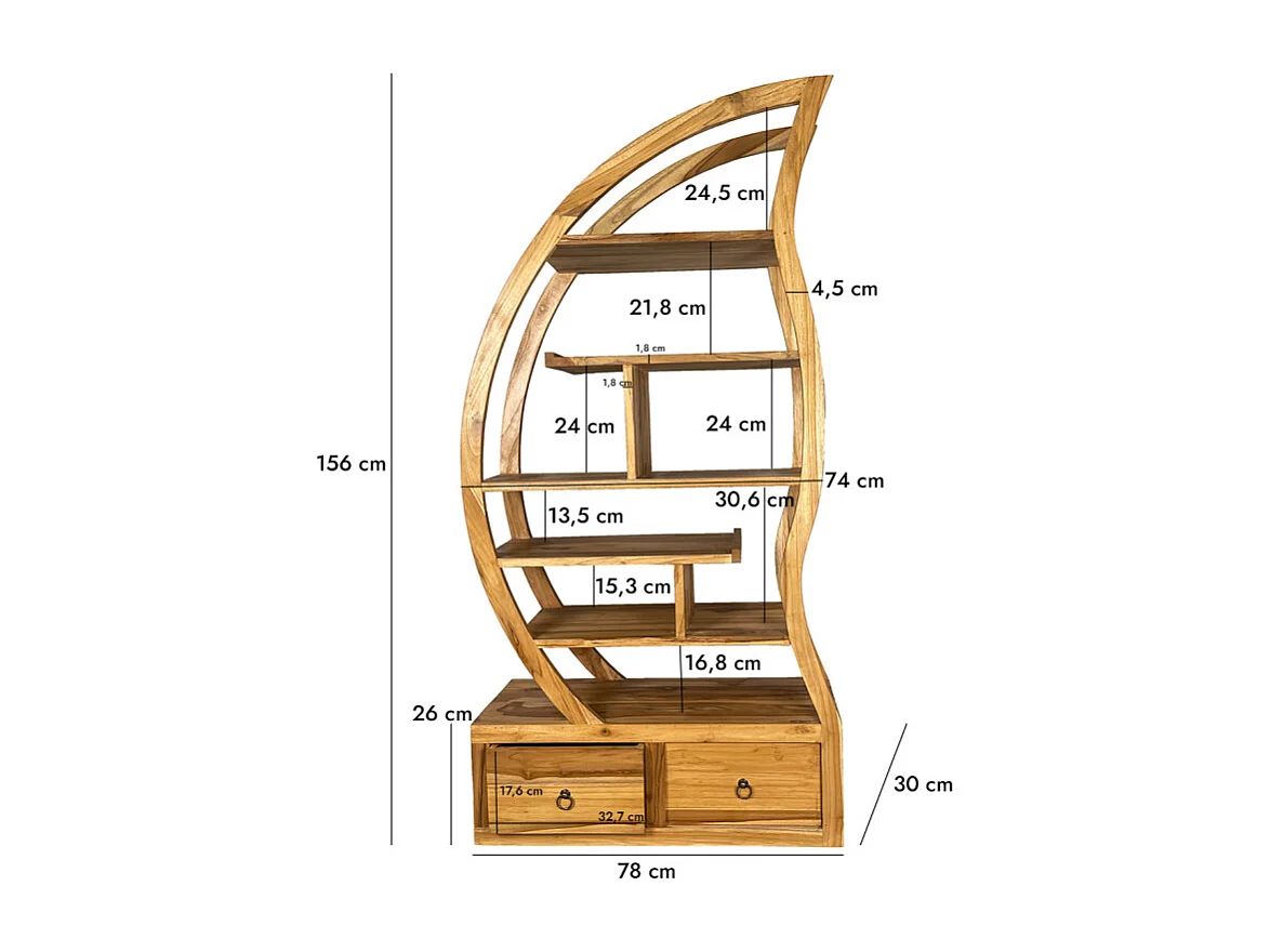 Étagère ouverte 156 cm gauche forme lune en bois de teck – CINTA