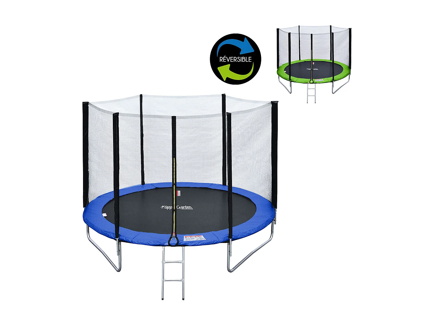 Trampoline 245cm réversible vert / bleu CANBERRA + filet, échelle, bâche et kit d'ancrage - HAPPY GARDEN