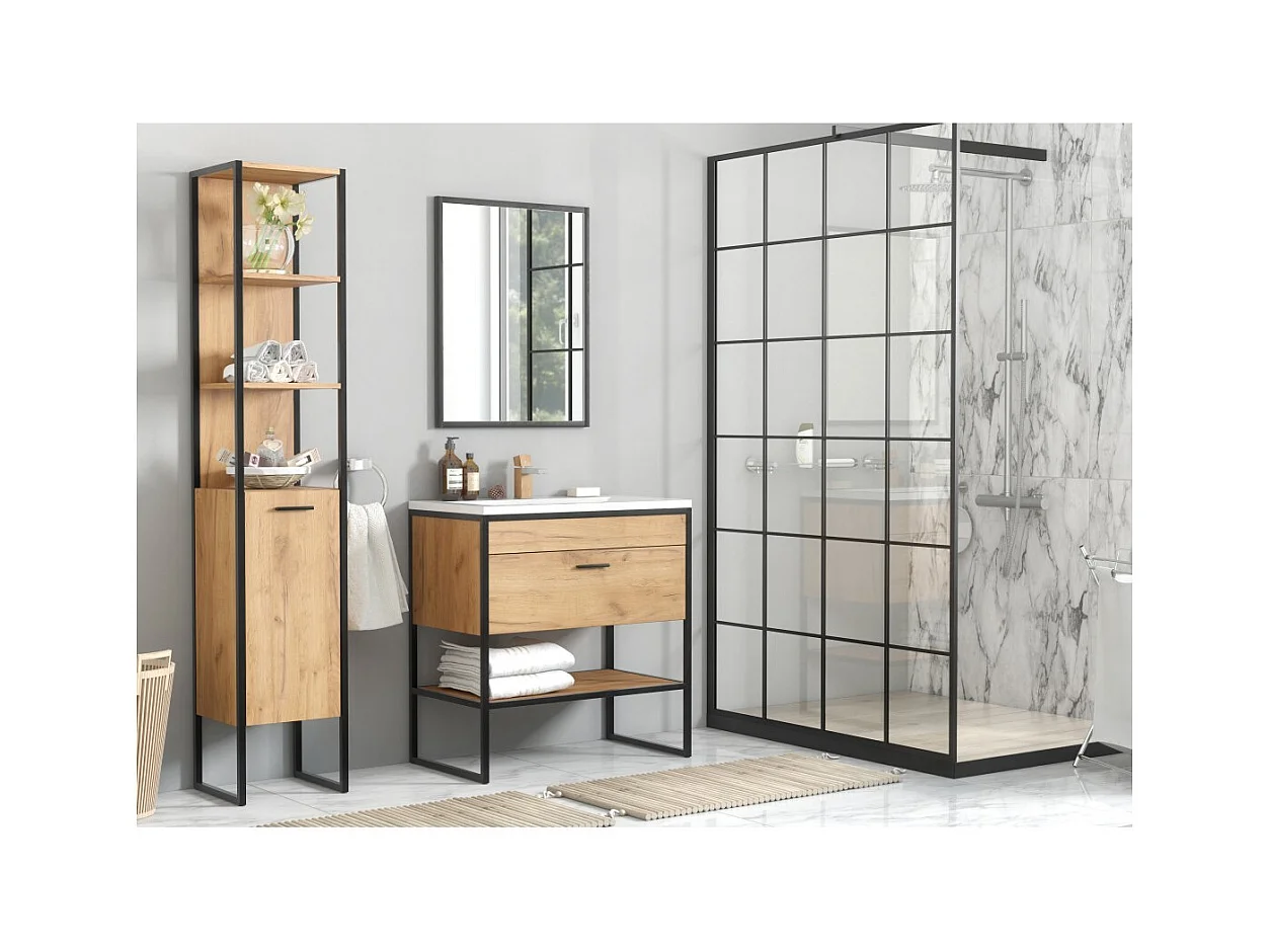 Coluna de banheiro ONIL – 2 portas – Carvalho claro e preto – Estilo industrial – H185 cm