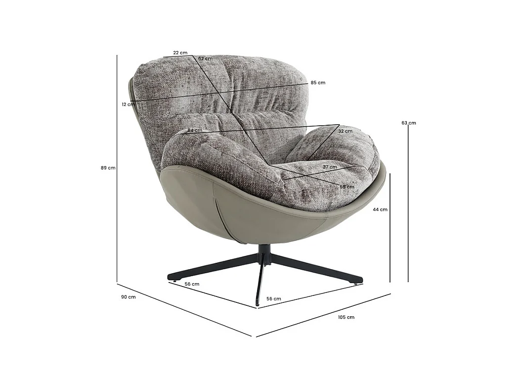 Fauteuil rotatif 360° tissu doux gris et pieds métal noir - CORNELIA