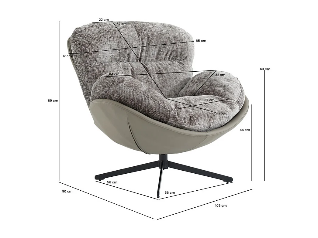 Fauteuil rotatif 360° tissu doux gris et pieds métal noir - CORNELIA