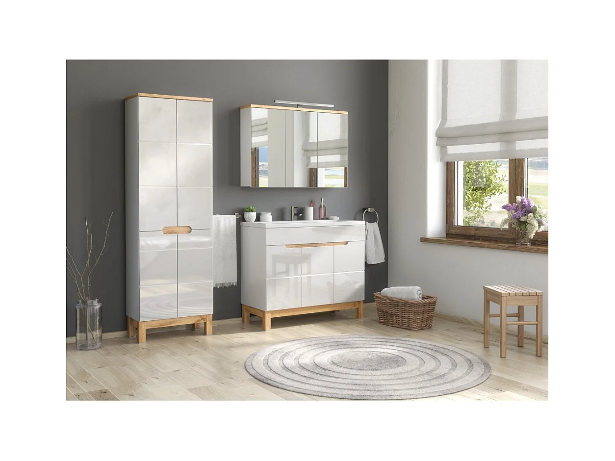 Coluna para banheiro ERMANO – Carvalho claro e branco brilhante – 60x187 cm – 2 portas – Para instalar