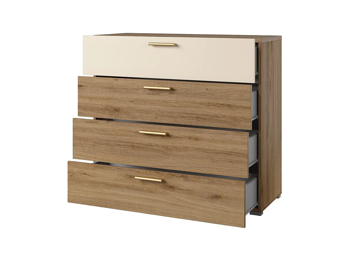 Conjunto completo VERTIGO – Cama baú 180x200, 2 criados-mudos, guarda-roupa de 3 portas, cômoda + quadro decorativo