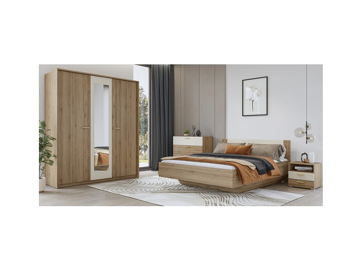 Habitación completa VERTIGO – Cama con canapé 180x200, 2 mesitas de noche, armario de 3 puertas, cómoda + marco de diseño